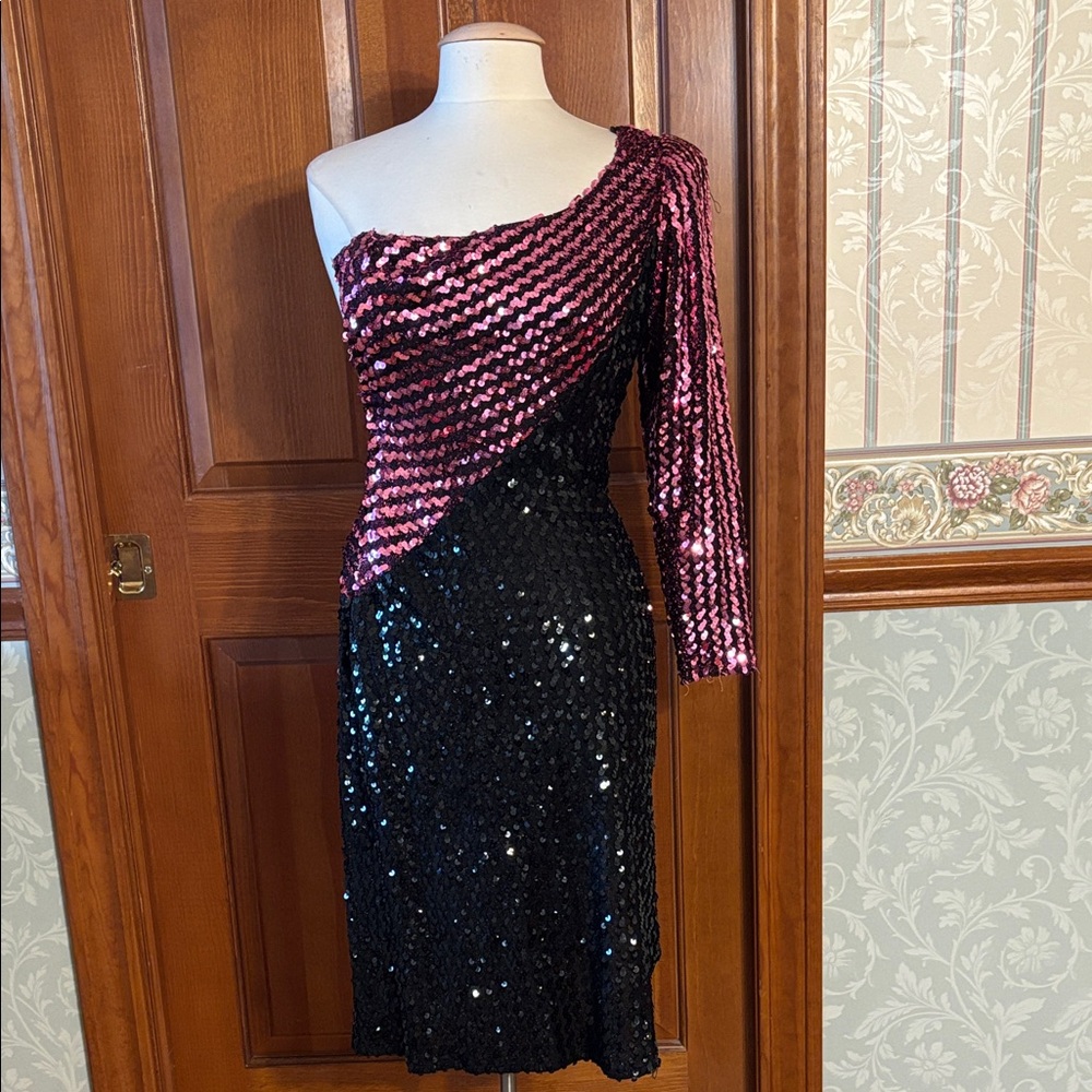 Glamorous Vintage One-Shoulder Black and Pink Sequin Dress by New Leaf by Damir